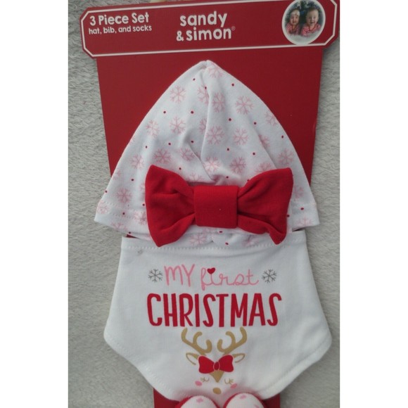 Sandy & Simon My First Christmas Set 3 Piece Set Hat Bib and Socks New - Picture 2 of 11